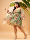 Women Green Chiffon Jungle Print Back Smocking Skater Dress