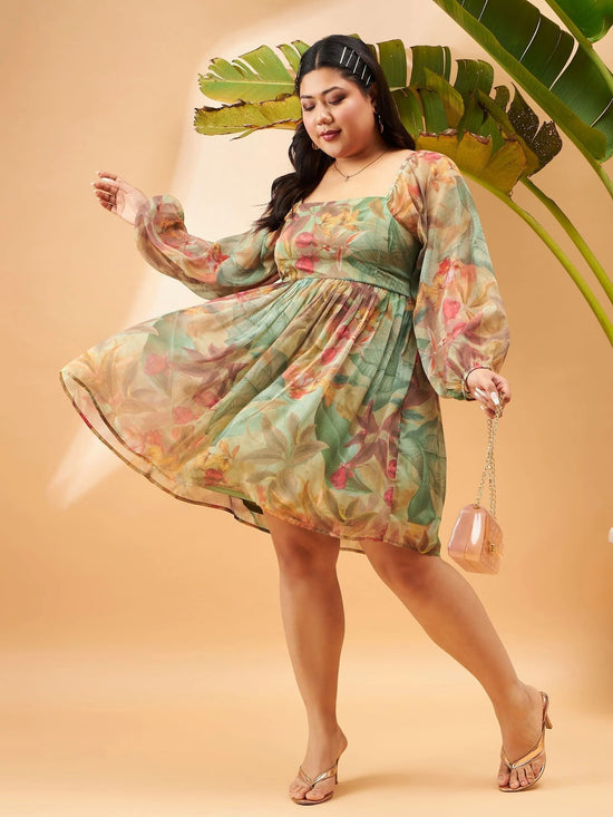 Women Green Chiffon Jungle Print Back Smocking Skater Dress