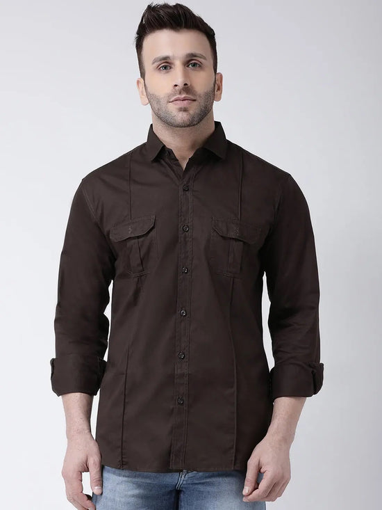 Hangup Men Slim Solid Shirts-ChoclateDoublePkt