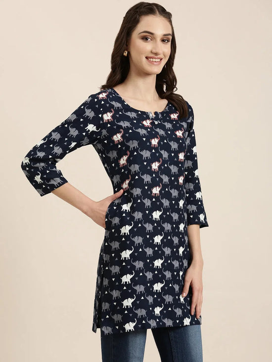 Women Navy Blue Printed Straight Kurti-NJ-3731282-Navyblue