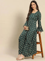 Bell Sleeve Long dress with front drape in Bottle Green