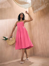 Women Pink Solid Back Tie-Dori Midi Dress