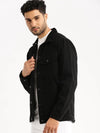 Men Black Spread Collar Solid Denim Jacket-IB-DJ-02-Black