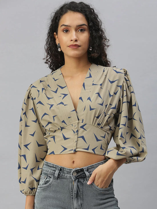 Women's Beige Printed Crop Tops-AE-10292-Beigenavyblue