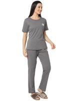 Smarty Pants Women's Cotton Lycra Grey Color Printed Night Suit