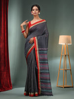 Grey Silk Linen Handwoven Saree With Temple Border-MA50SLN061100097