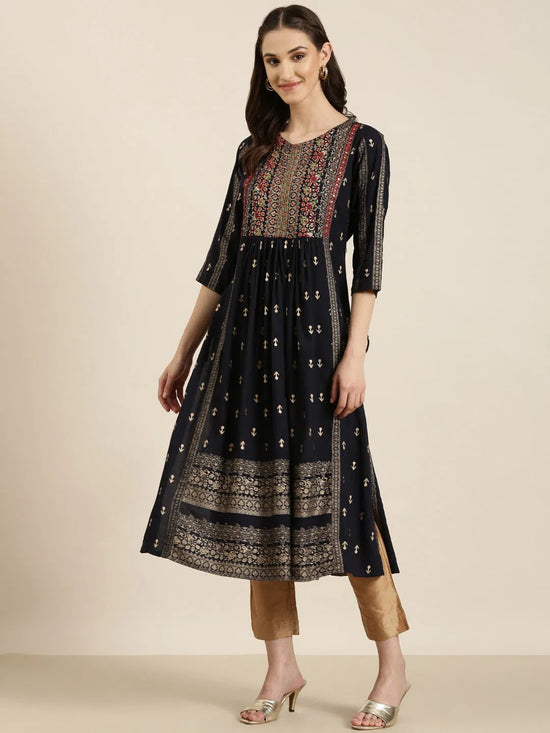 Women Navy Blue Printed A-Line Kurta-GW-3375-Navyblue