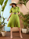 Women Olive Frill Neck Accordion Pleated Midi Dress