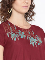 One side cowl asymettric dress with side floral print in Maroon