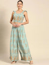 Crop Top with pleated palazzo in Light Blue Print