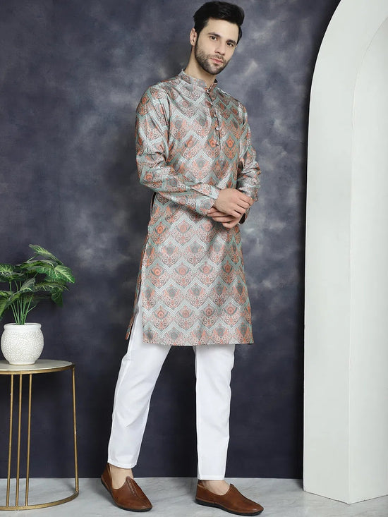 Men Silver Silk Blend Straight Kurta Pyjama Set-JOKP-P-5043Silver