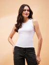 Women White Rib Sleeveless Basic Top