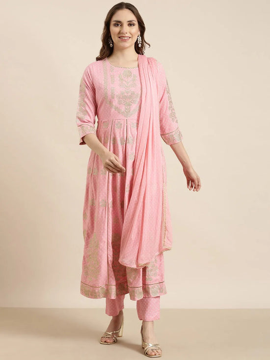 Women Anarkali Pink Floral Kurta and Trousers Set Comes With Dupatta and Potli Bag-GW-3369-Pink