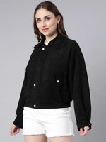 Women Solid Black Oversized Drop Shoulder Tailored Jacket-3367-Black