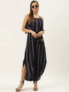 Printed Flare yoke with U hem long dress in navy