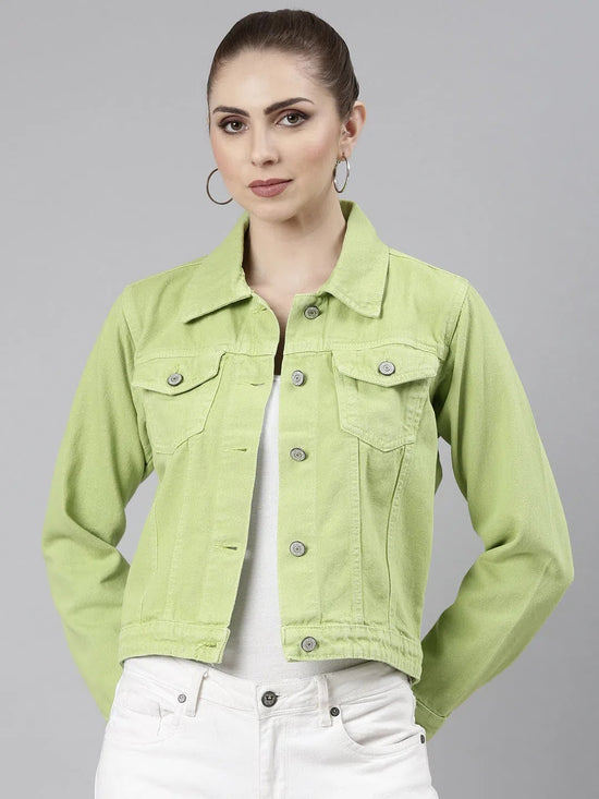 Women Lime Green Solid Denim Jacket-GZ-5598-Limegreen