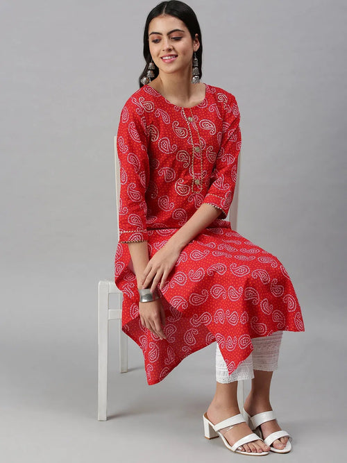 Women's Red Printed Straight Kurta-JC54-Red