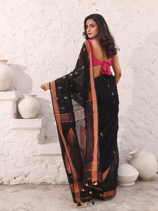 Black Cotton Saree With Woven Designs And Zari Border-MA54BCT041380039