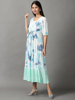 Women's White Tie Dye Fit and Flare Dress-ON-605-Whitenavyblue