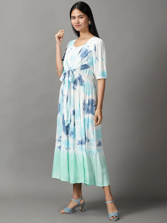 Women's White Tie Dye Fit and Flare Dress-ON-605-Whitenavyblue