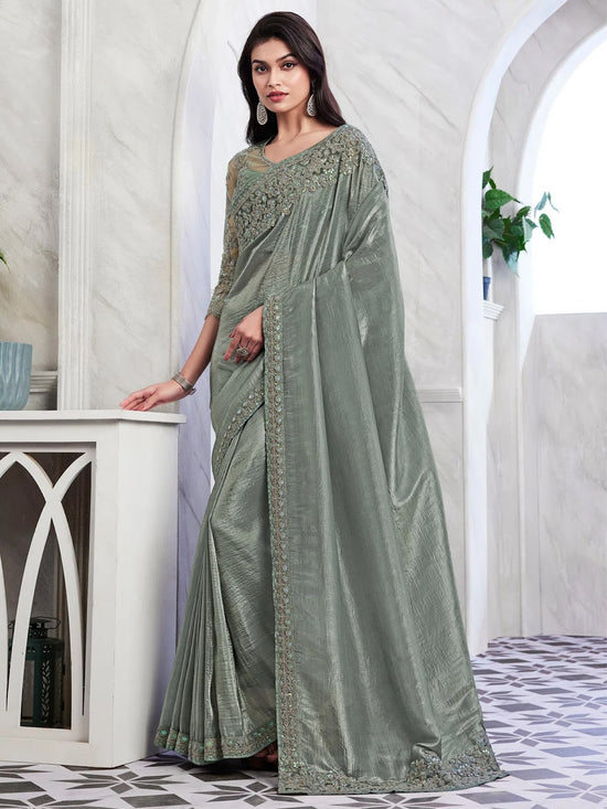 Saree Mall Women's Georgette Sea Green Embellished Designer Saree With Blouse Piece-SILVER29016