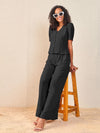 Women Black Front Button Top With Paperback Waist Pants