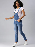 Women's Blue Solid Dungarees-SPC-D7096-Blue