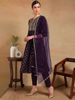 Ahika Women Purple Silk Blend Woven Design A-Line Kurta Pant Set With Dupatta