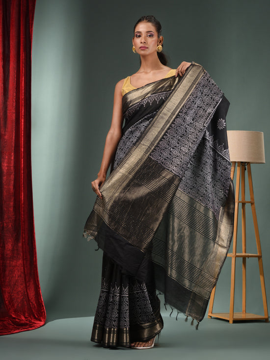 Black Blended Silk Handwoven Saree With Woven Zari Border-MA50BSL34830122