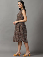 Women's Coffee Brown Floral Fit and Flare Dress-AE-15707-Coffeebrown