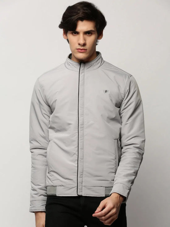 Men Grey Solid Casual Bomber Jackets-ZD-3500-Grey