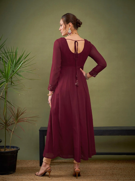 Women Maroon Embroidered Anarkali Maxi Kurta