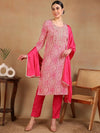 Ahika Women Pink Cotton Blend Embroidered Straight Kurta Pant Set