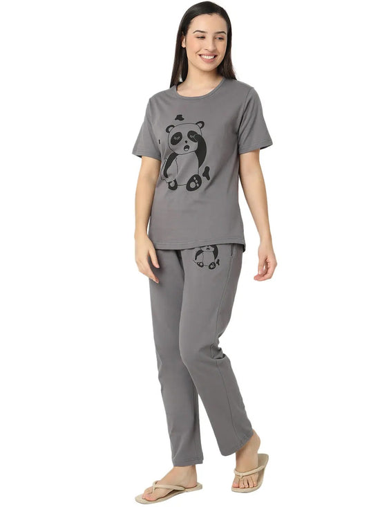 Smarty Pants Women's Cotton Lycra Grey Color Panda Print Night Suit