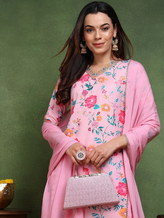 Ahika Women Pink Cotton Blend Floral Printed Straight Kurta Trouser With Dupatta-PKSKD2510PNK_XS