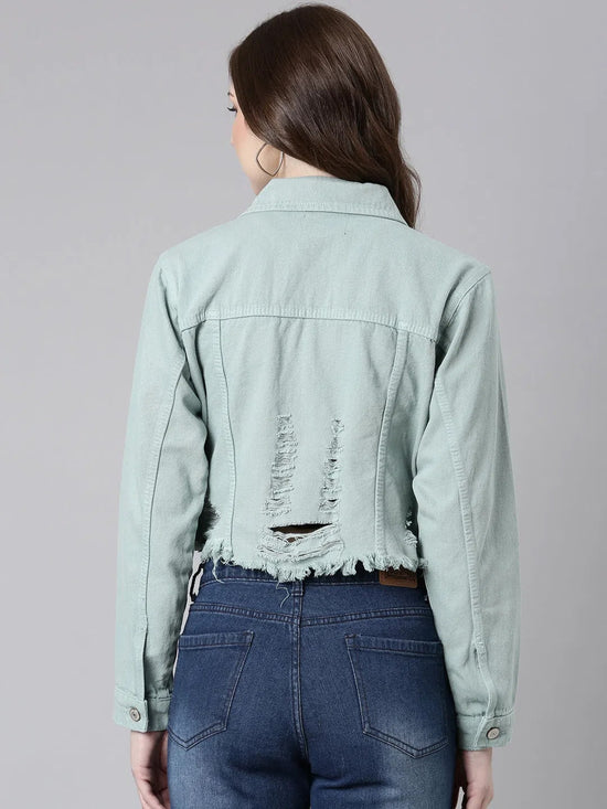 Women Sea Green Solid Denim Jacket-GZ-5599-Seagreen