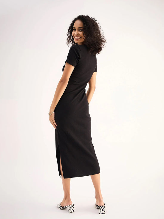 Women Black Rib Square Neck Slit Midi Dress