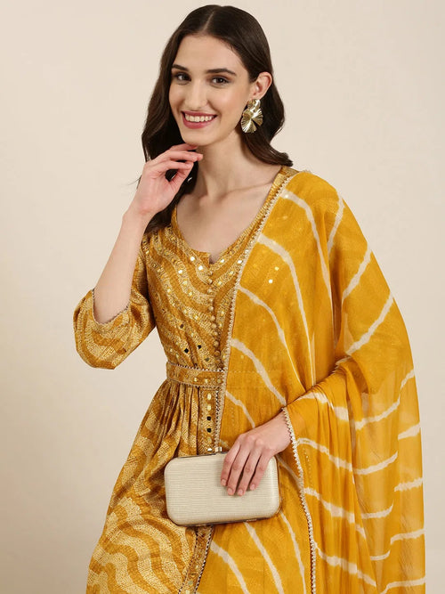 Women Mustard Printed Kurta Set-FS-3053-Mustard