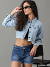 Women's Blue Solid Denim Jacket-AE-9505-Blue