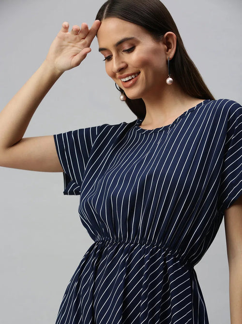 Women Navy Blue Striped A-Line Dress-AE-9873-Navybluewhite