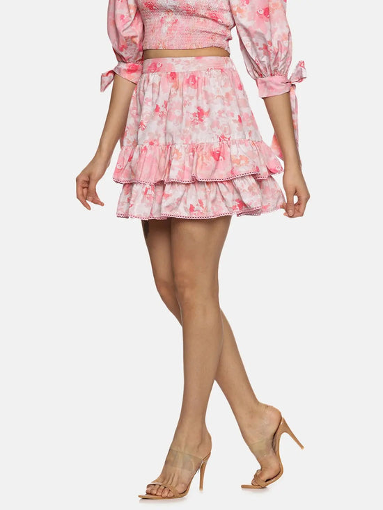 Floral Pink Two Tier Mini Skirt-17324