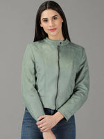 Women's Sea Green Solid Open Front Jacket-IM-067-Seagreen