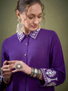 Women Purple Collar And Sleeve Embroidered Shirt With Palazzos