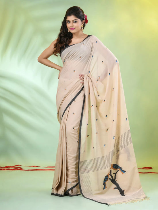 Beige Cotton Handwoven Saree With Bird Motifs-MA66CT431380018