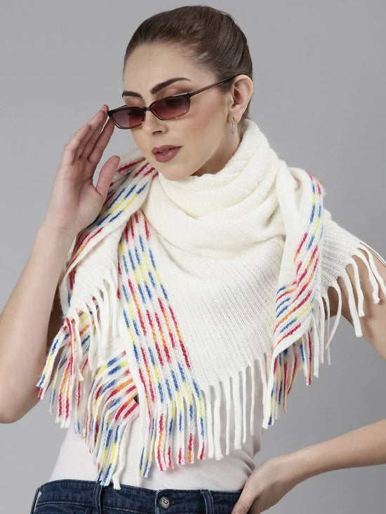 Women White Striped Poncho-CHN-9922-White