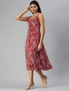 Women's Red Floral A-Line Dress-AE-9920-Redwhite