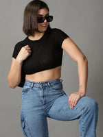 Women's Black Solid Fitted Crop Top-JD-E210-Black