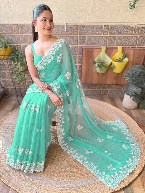 Saree Mall Women's Georgette Turquoise Embroidered Designer Saree With Blouse Piece-KESARI5706