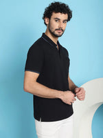 Venitian Men  Pique Matty Cotton Black 2 Zipper Pocket Polo Neck T-Shirt