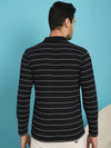 Venitian Men Striped Polo Neck Full Sleeves Black T-Shirt Wih Pocket